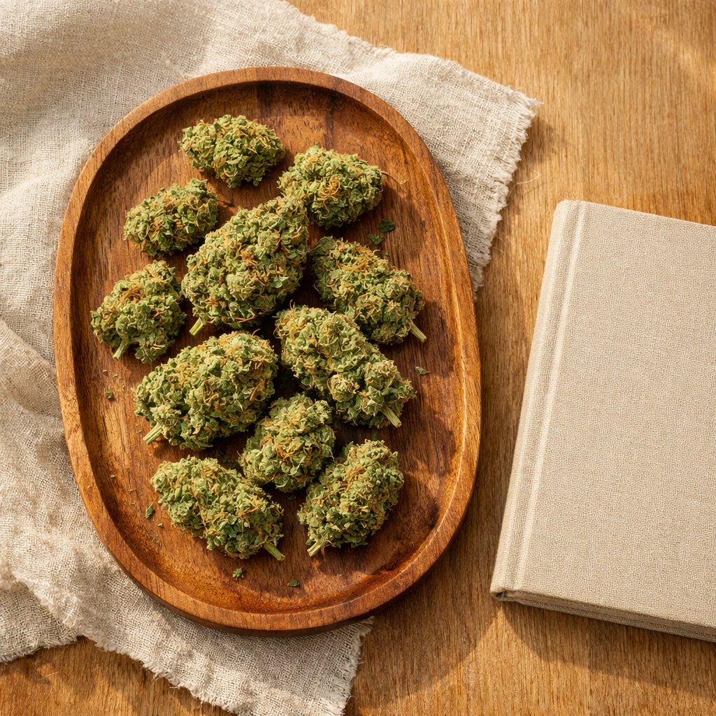 Vue zénithale de fleurs Skunk 1 CBD sur plateau bois avec linge et carnet